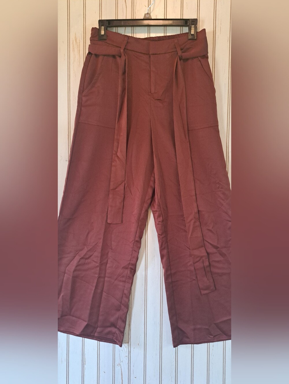 JOIE Pants Women Satin Burgundy Wide Leg Zip Button Front Tie Waist Medium